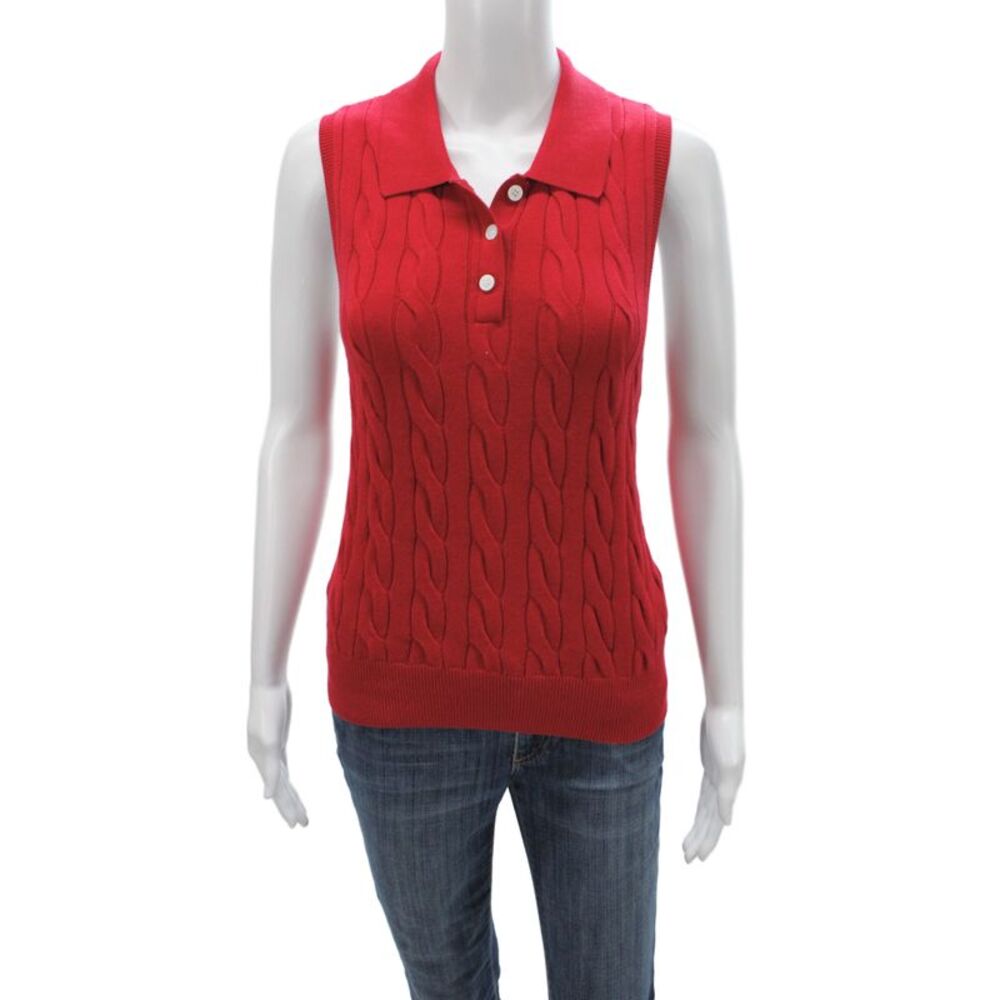 Minnie Rose Women Red Cotton Collared Sleeveless Polo Top Basic Preppy Size M
